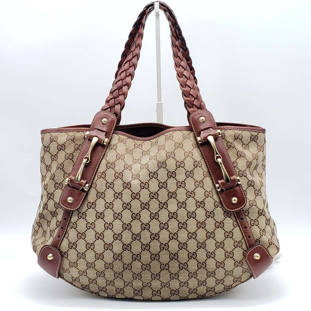 Gucci Beige GG Canvas Shoulder Bag with Brown Leather Braided Straps